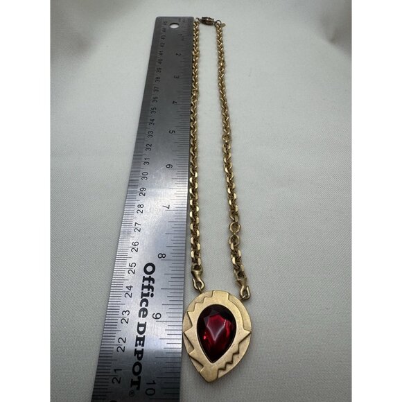 Vintage Monet Art Deco Choker Necklace Gold Red Rhinestone Teadrop 20” Runway - Picture 6 of 10